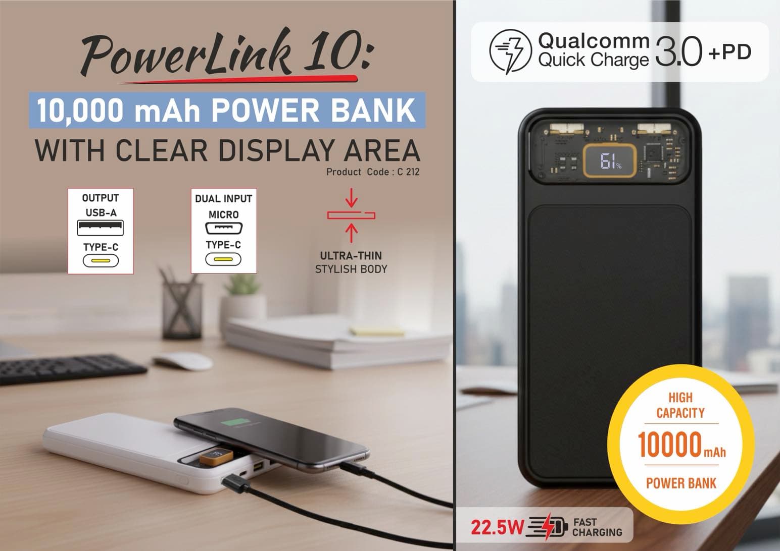 PowerLink 10: 10,000 mAh Power bank with Clear display area