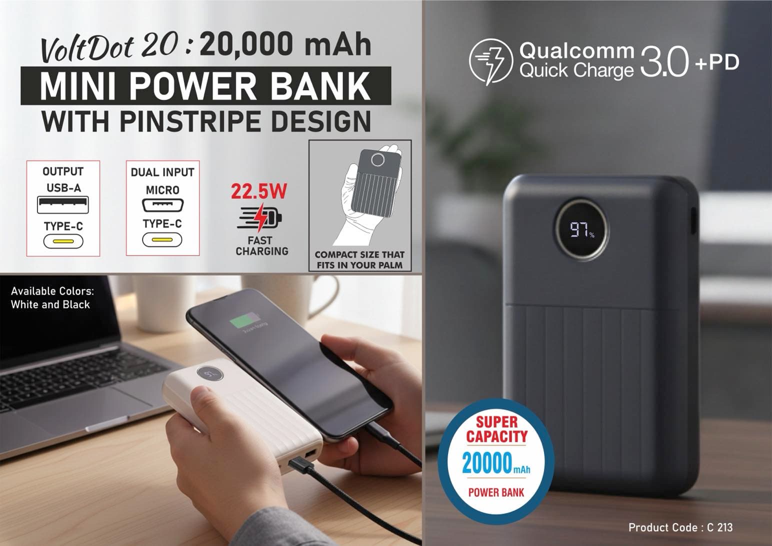VoltDot 20: 20,000 mAh Mini Power bank with Pinstripe design