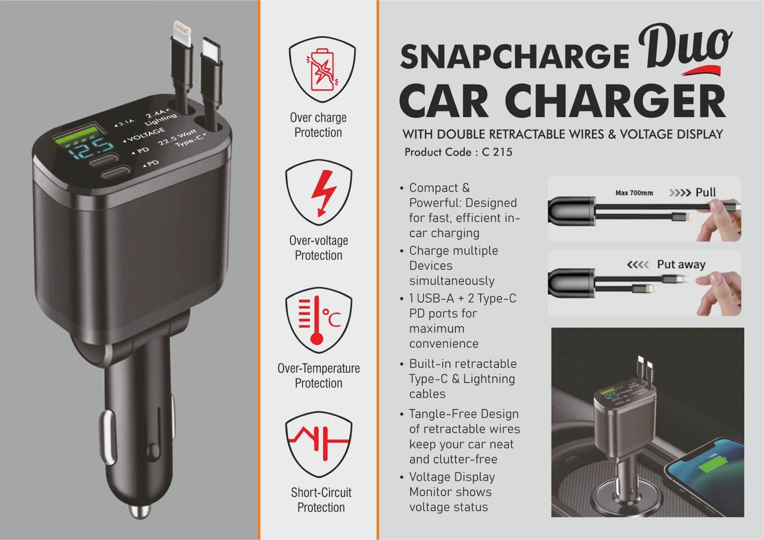 SnapCharge Duo: Car Charger with Double retractable wires & Voltage Display