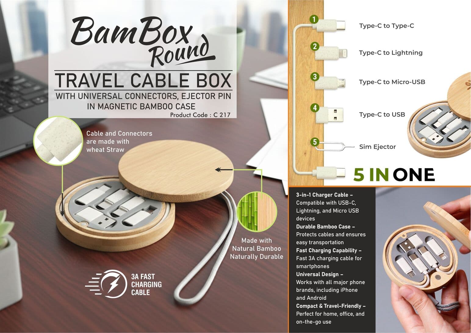 BamBox Round: Travel Cable box with universal connectors, ejector pin in Magnetic Bamboo Case