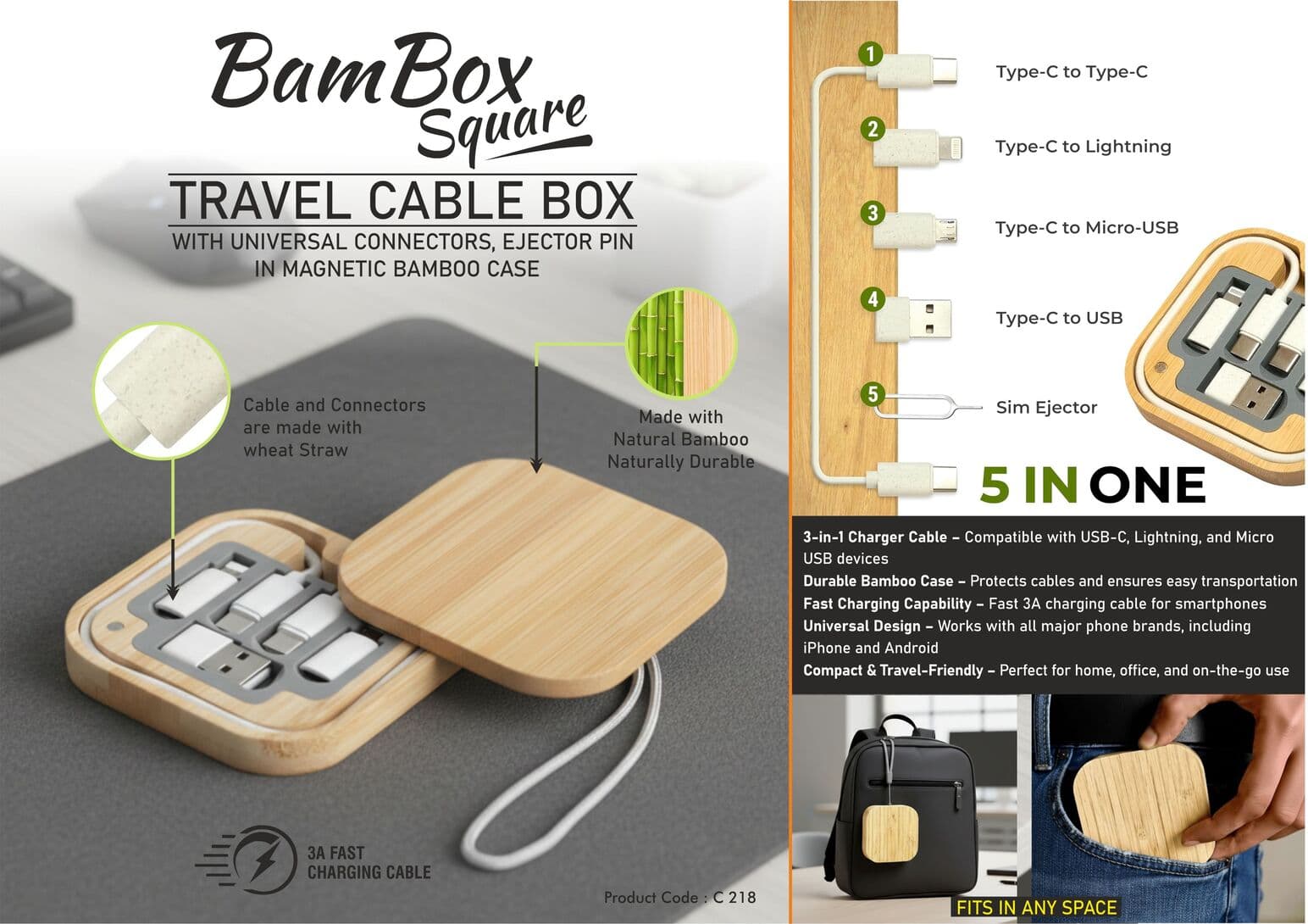 BamBox Square: Travel Cable box with universal connectors, ejector pin in Magnetic Bamboo Case