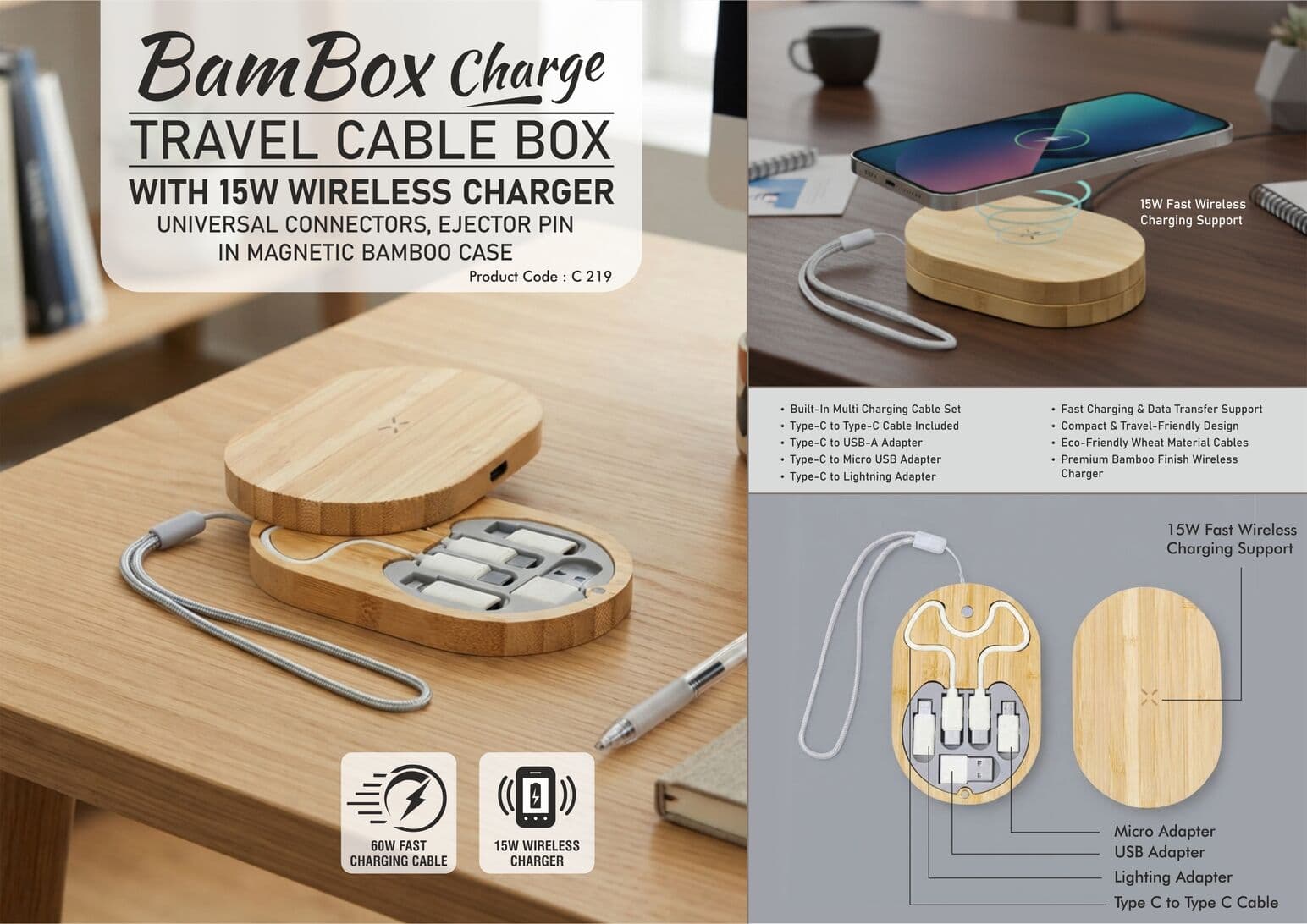 BamBox Charge: Travel Cable box with 15W Fast Wireless charger