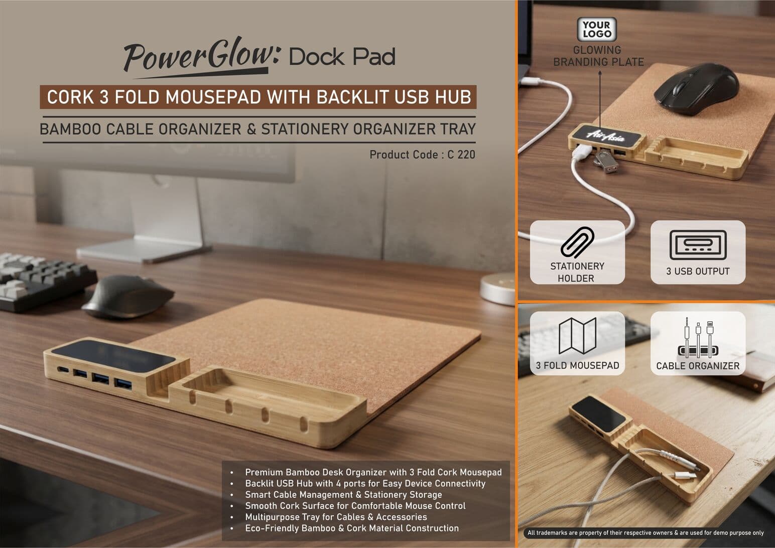 PowerGlow DockPad: Cork 3 fold Mousepad with Backlit Usb hub