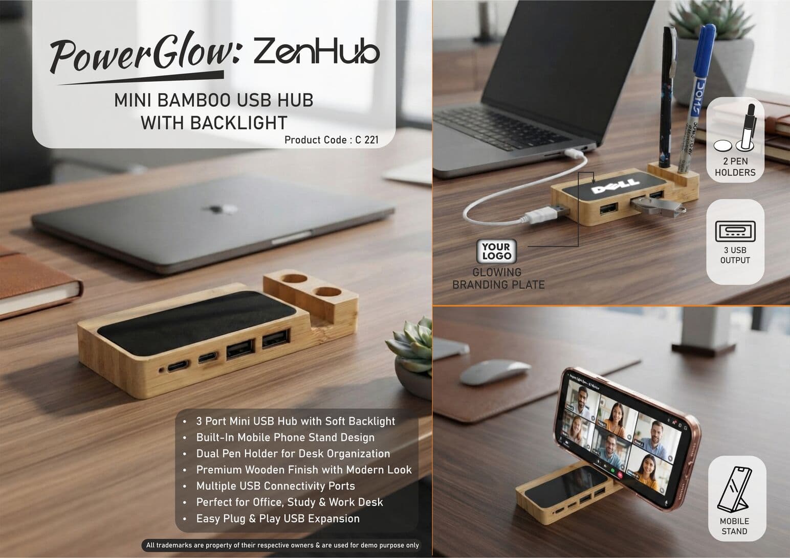 PowerGlow ZenHub: Mini Bamboo USB Hub with Backlight
