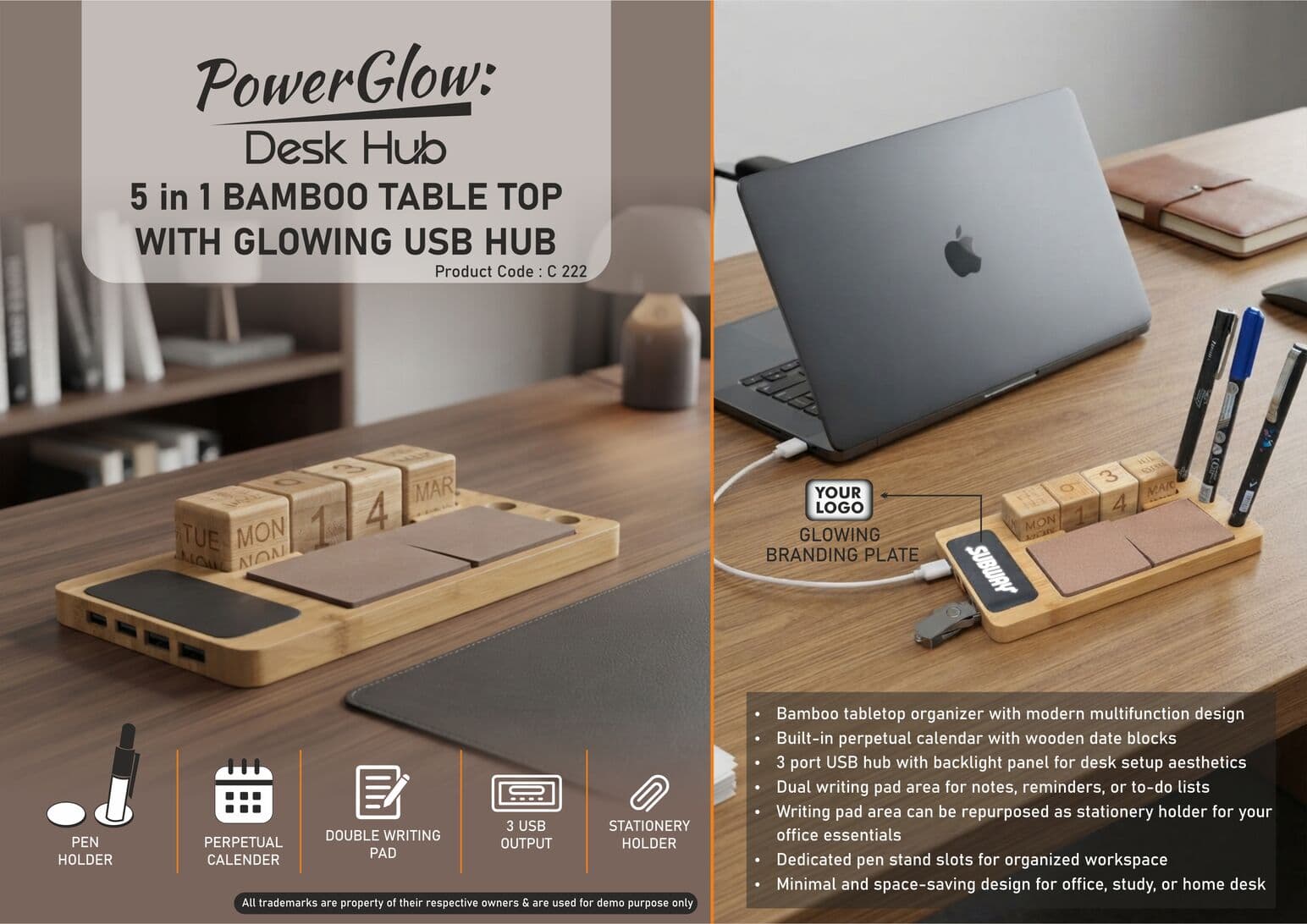 PowerGlow DeskHub: Bamboo Table top with Perpetual Calendar