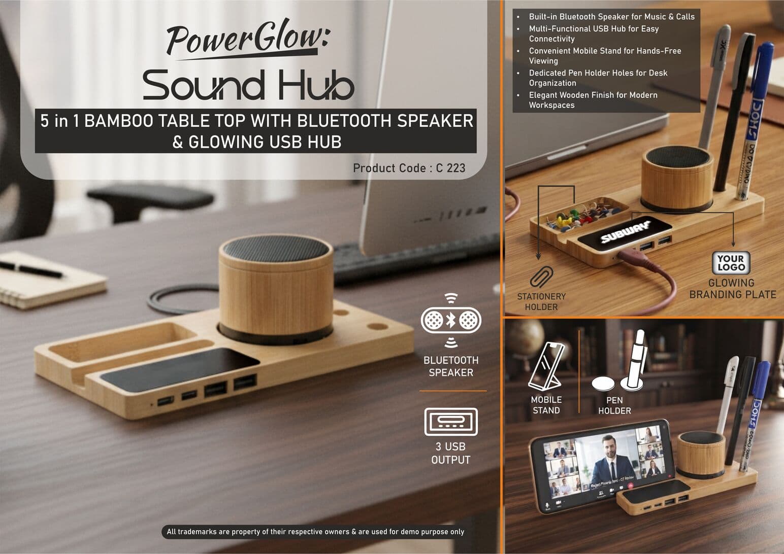 PowerGlow SoundHub: Bamboo Table Top with Bluetooth Speaker