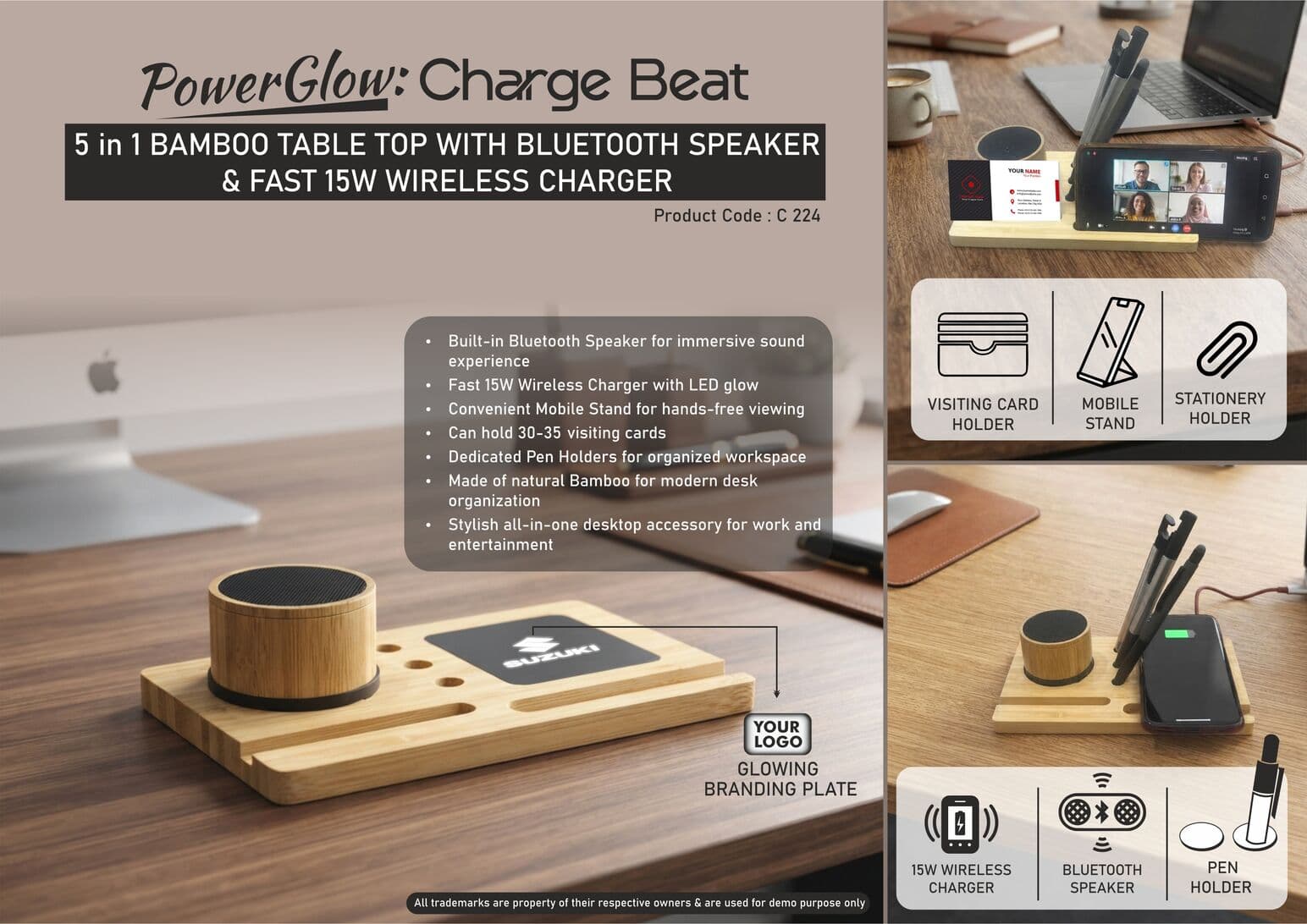 PowerGlow ChargeBeat: Bamboo Table Top with Bluetooth Speaker