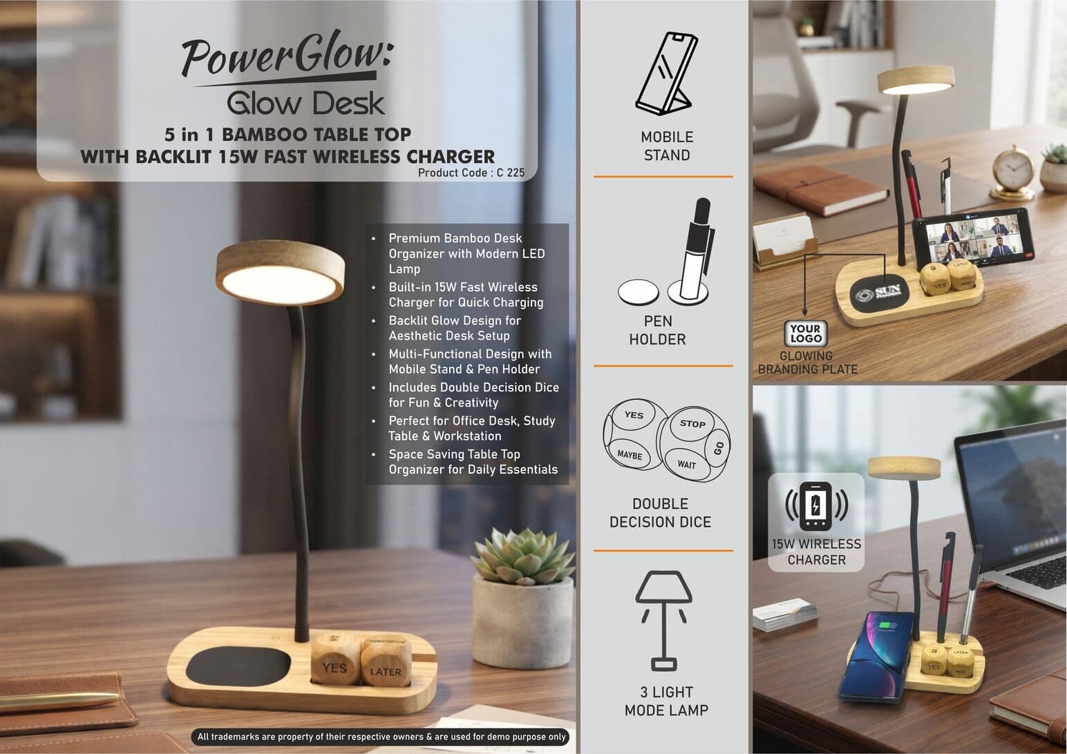 PowerGlow GlowDesk: Bamboo Table Top with LED Lamp