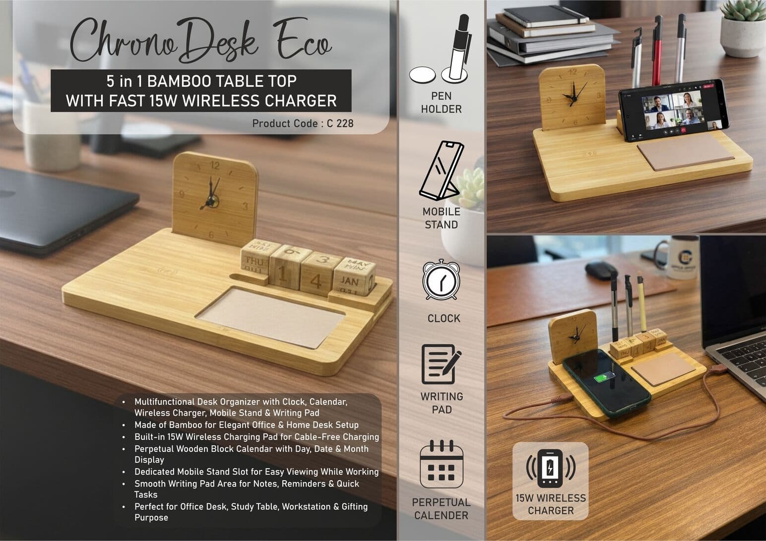 ChronoDesk Eco: Bamboo Table Top with Clock