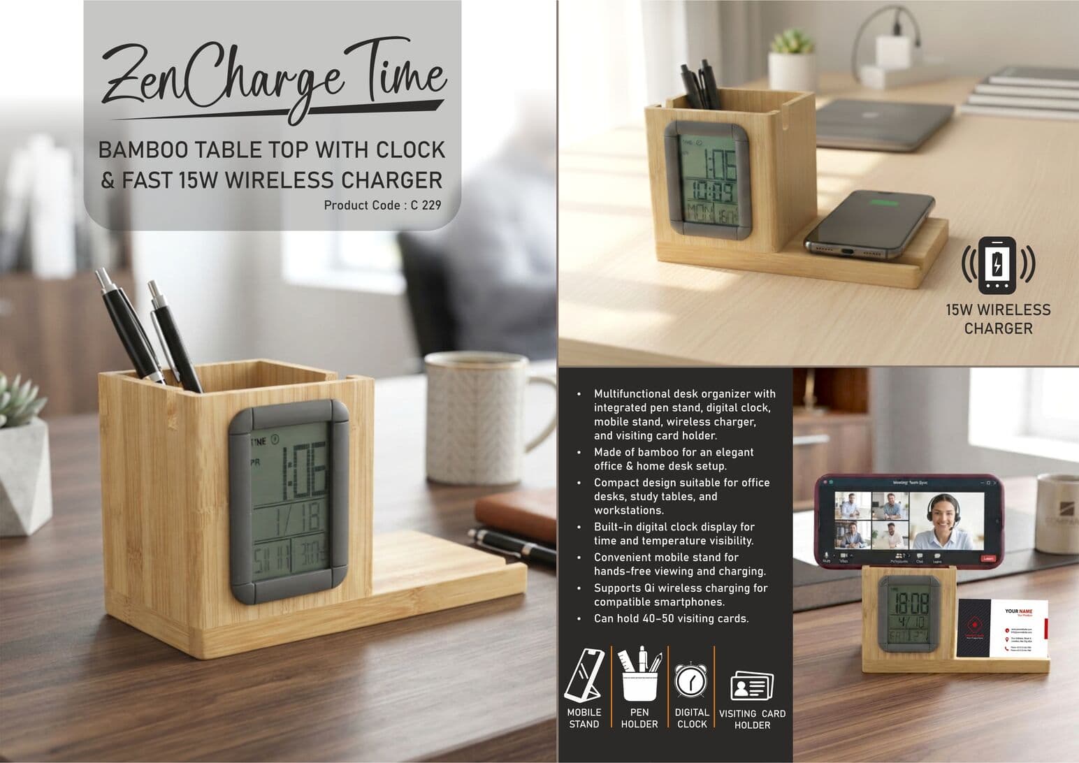 ZenCharge Time: Bamboo Pen Stand with Clock