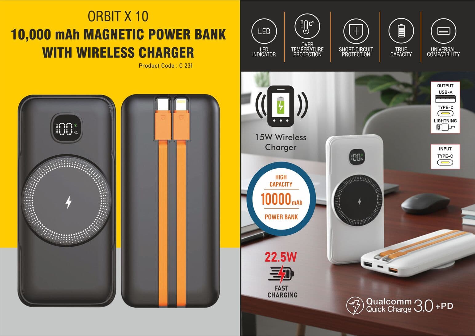 Orbit X 10: 10,000 mAh Magnetic Power bank With Wireless Charger