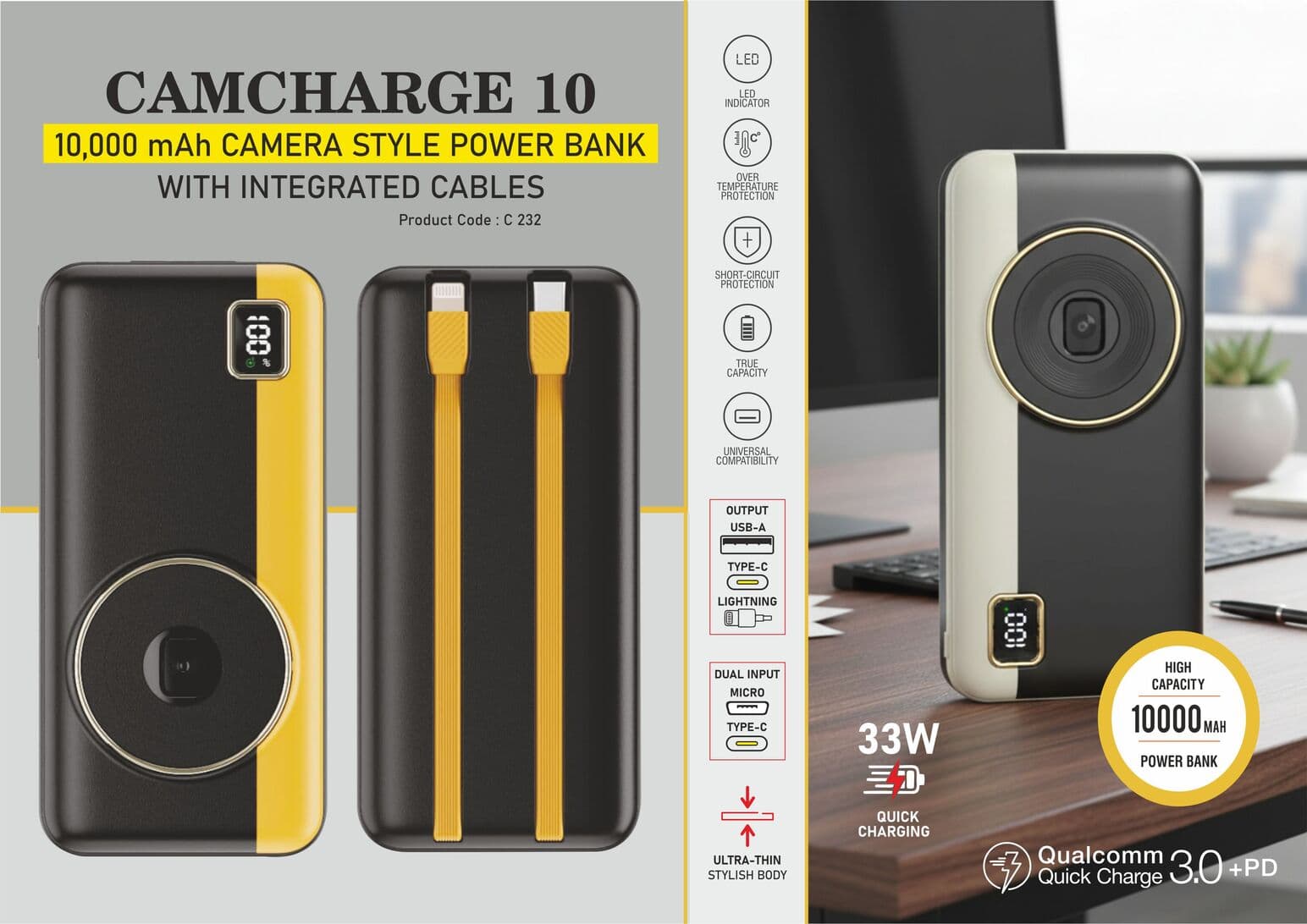 CamCharge 10: 10,000 mAh Camera Style Power bank With Integrated cables
