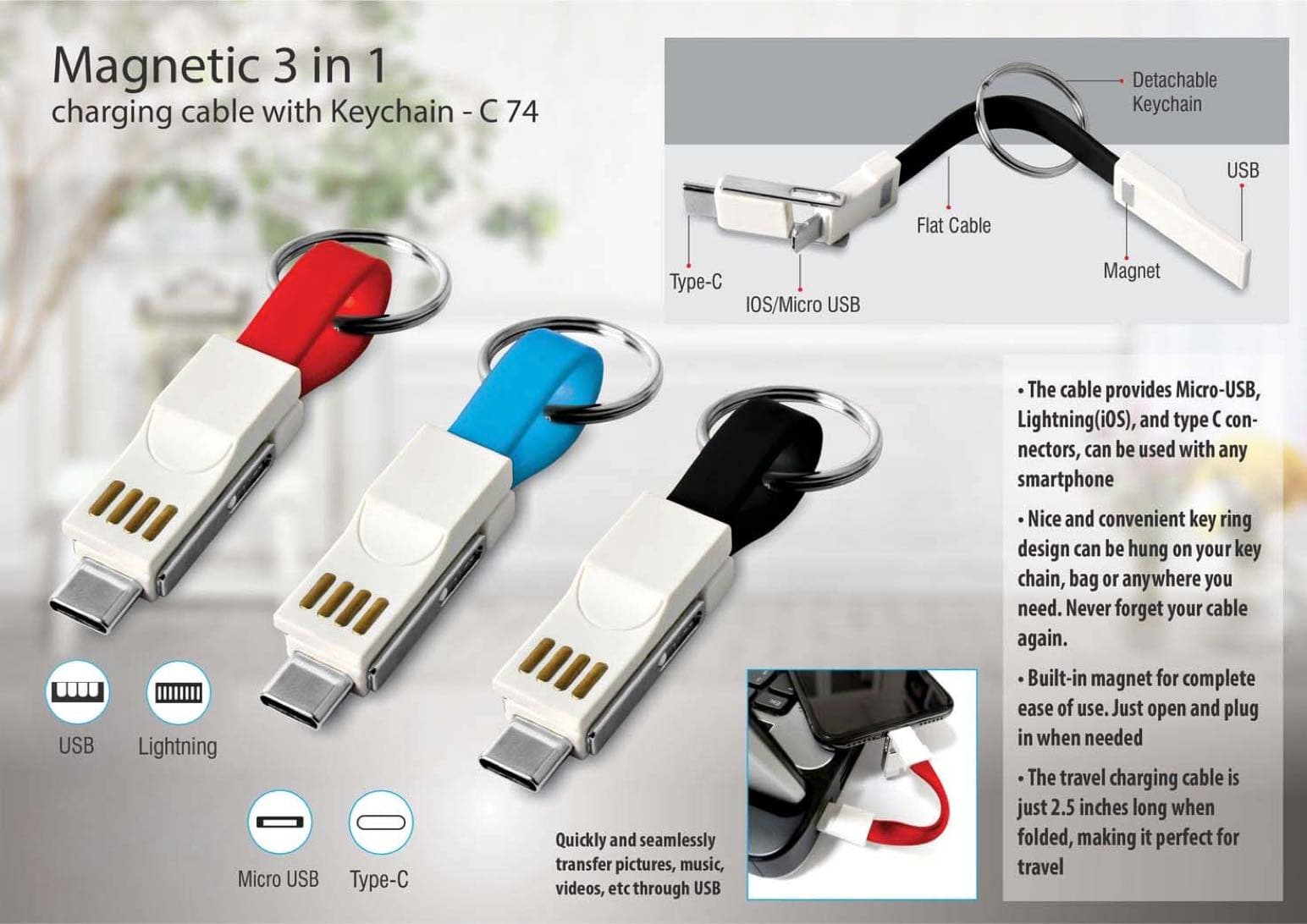 Magnetic 3 in 1 charging cable with Keychain