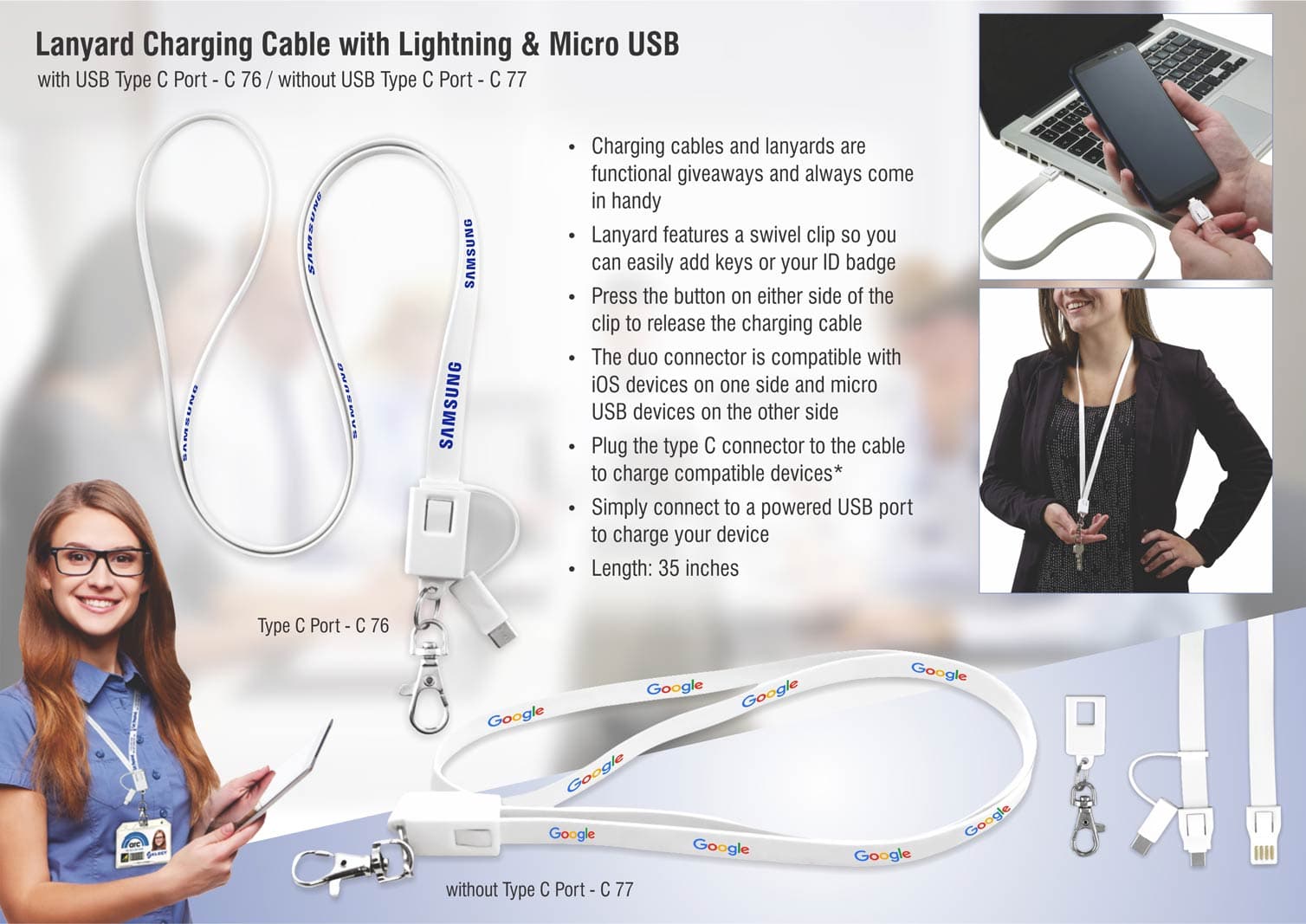 Lanyard charging cable with Lightning and Micro USB port