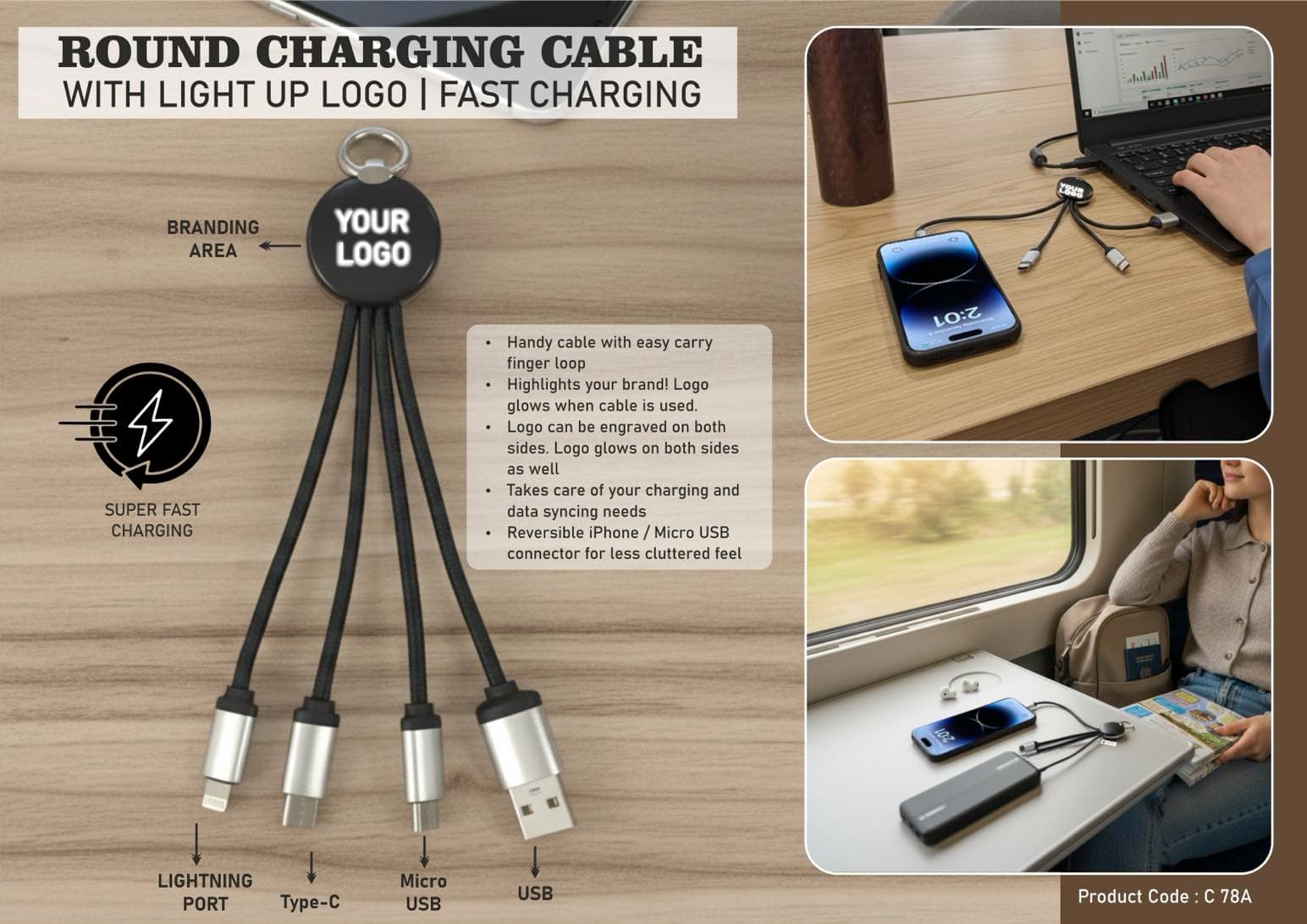 Round charging cable with light up logo