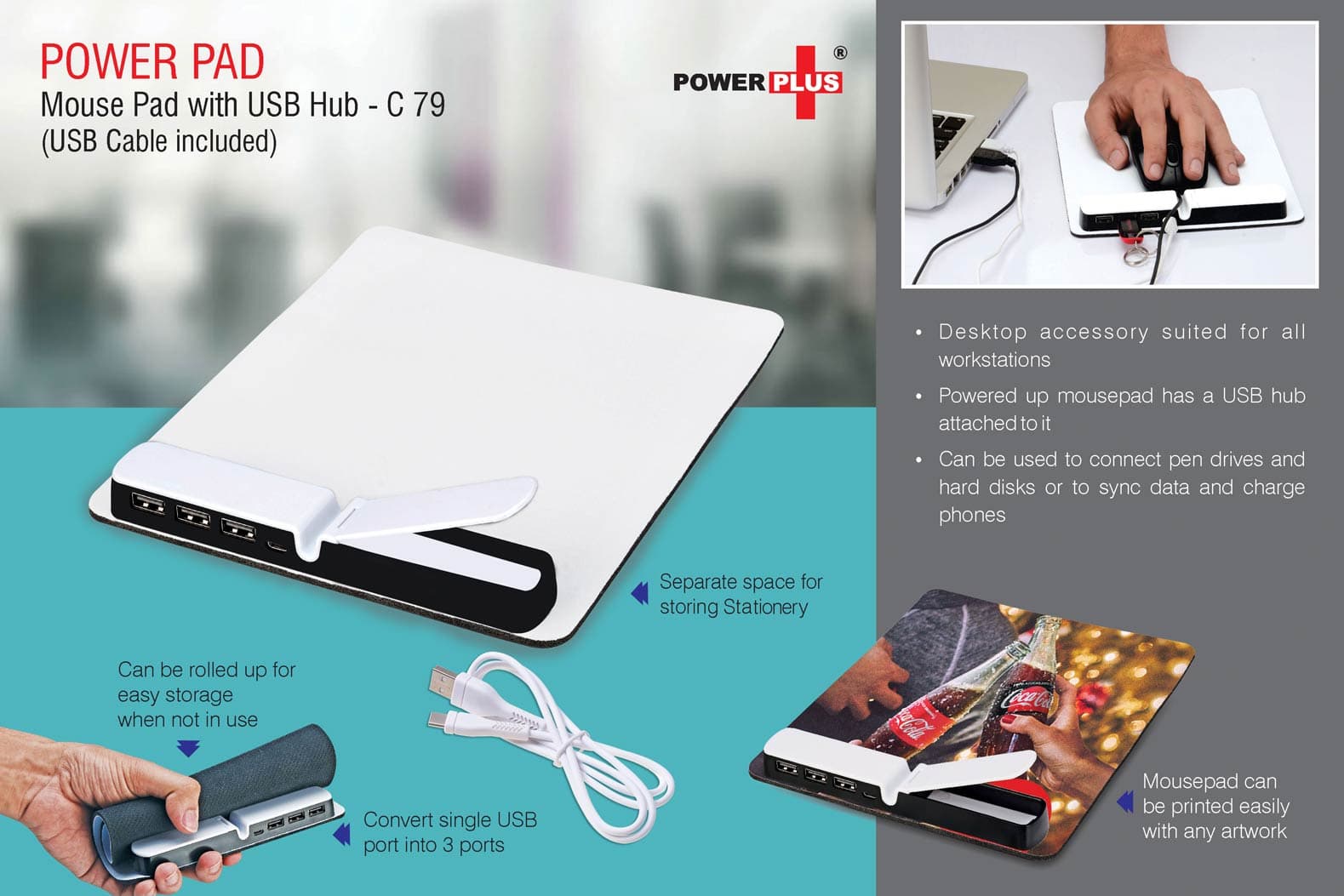 PowerPad: Mouse Pad With Usb Hub (USB cable included)