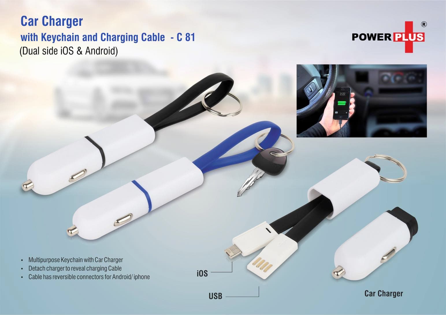 Car charger with keychain and charging cable (dual side iOS & Android)