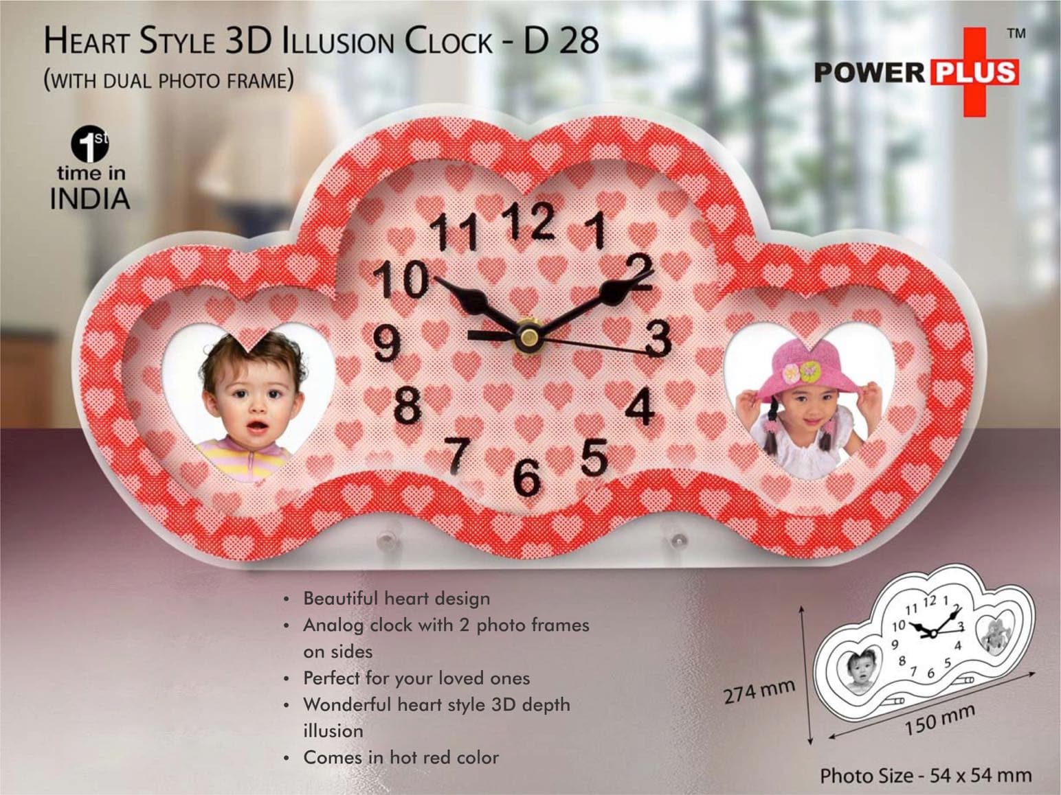 Heart style 3D illusion clock with dual photo frame