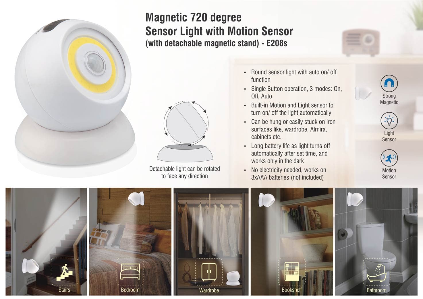 Magnetic 720 degree Sensor light with motion sensor (with detachable magnetic stand)