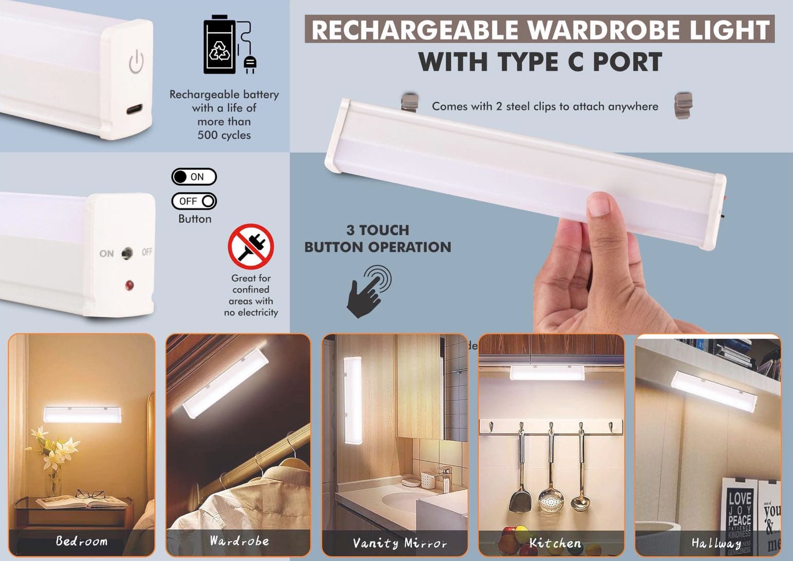 Rechargeable wardrobe light With Type C port