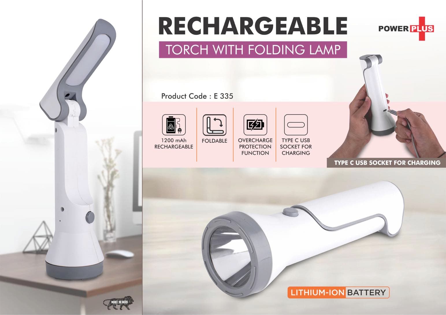 Rechargeable Torch with Folding Lamp