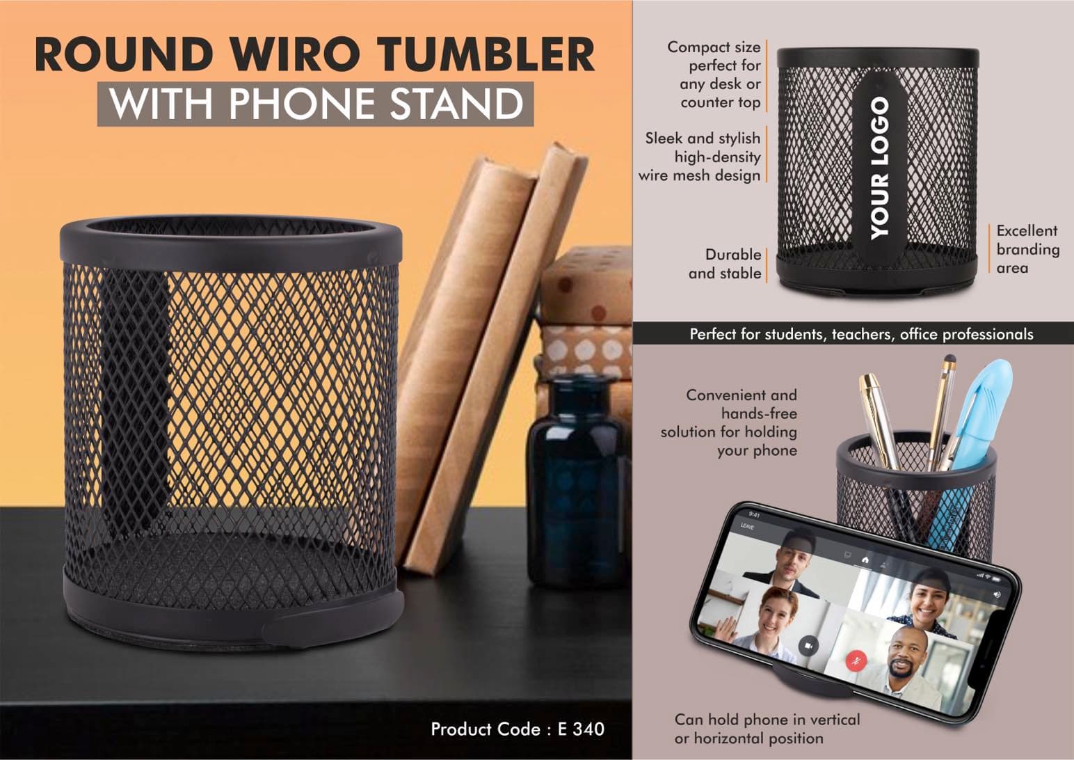 Round Wiro tumbler with Slide-out Phone Stand