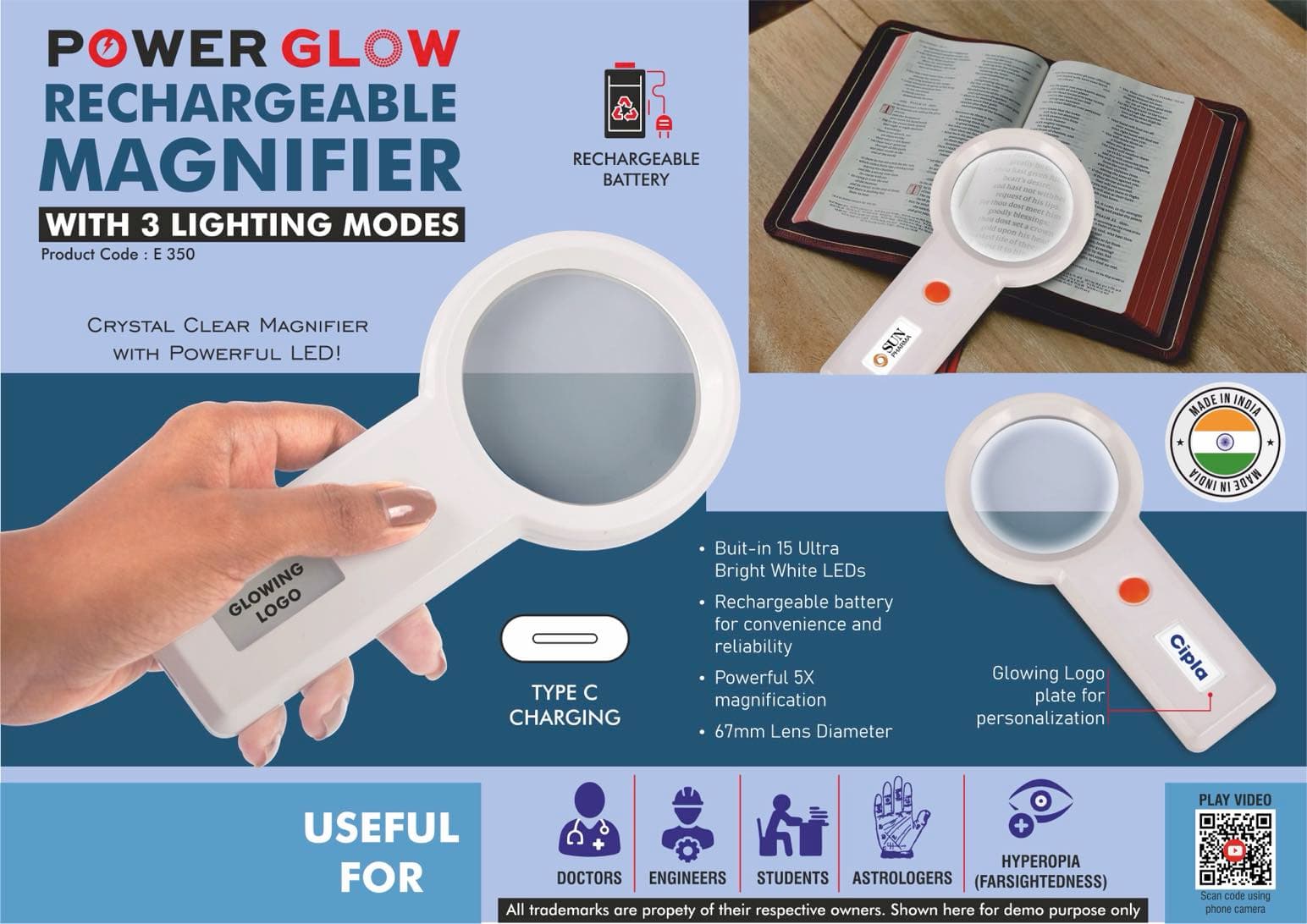 PowerGlow Rechargeable Magnifier with 3 lighting modes & Glowing Logo plate