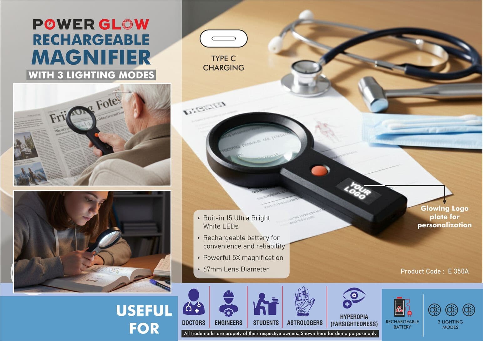 PowerGlow Rechargeable Magnifier with 3 lighting modes & Glowing Black Logo plate