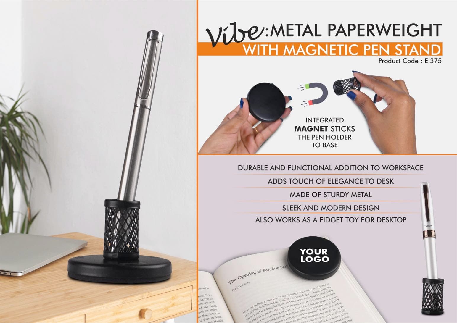 Vibe: Metal Paperweight with Magnetic Pen Stand