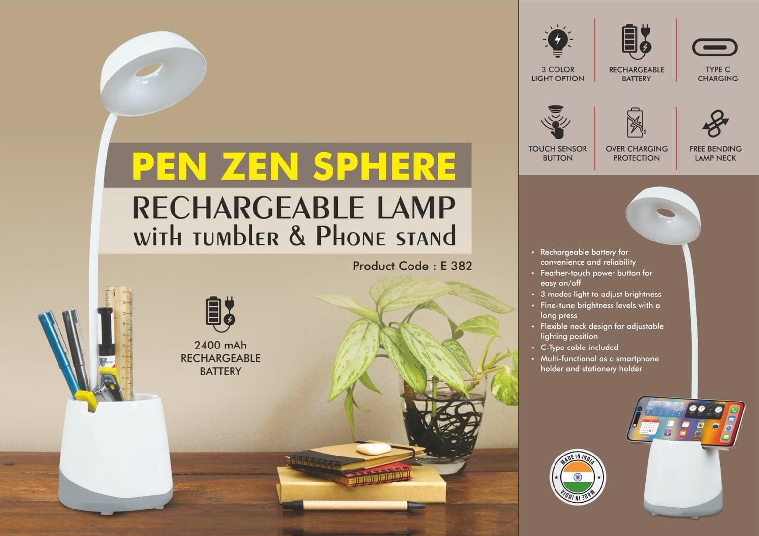 PenZen Sphere: Rechargeable lamp with tumbler & Phone stand