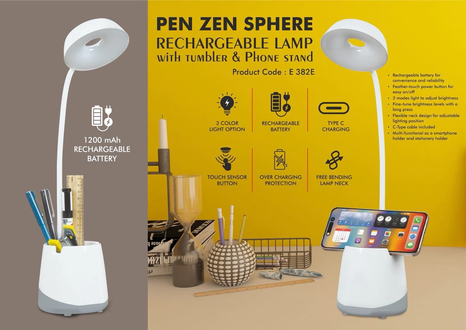 PenZen Sphere: Rechargeable lamp with tumbler & Phone stand (1200 mAh battery)