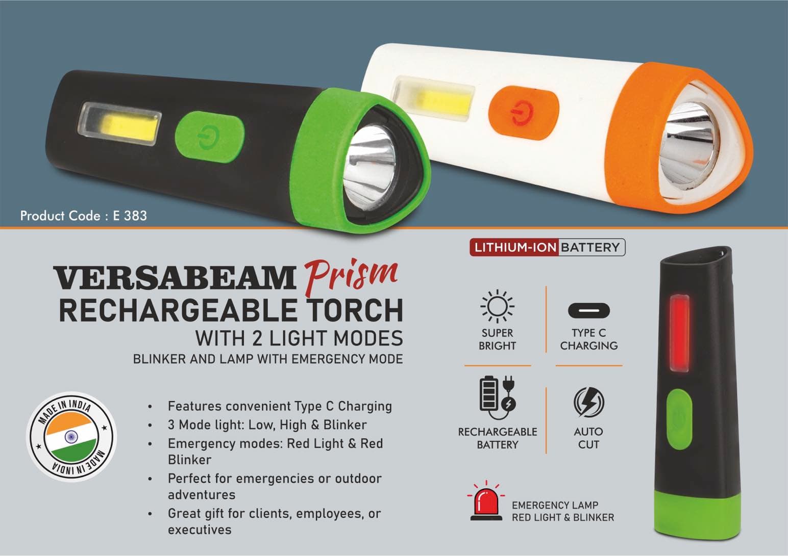 VersaBeam Prism: Rechargeable Torch with 2 light modes, Blinker and Lamp with Emergency mode