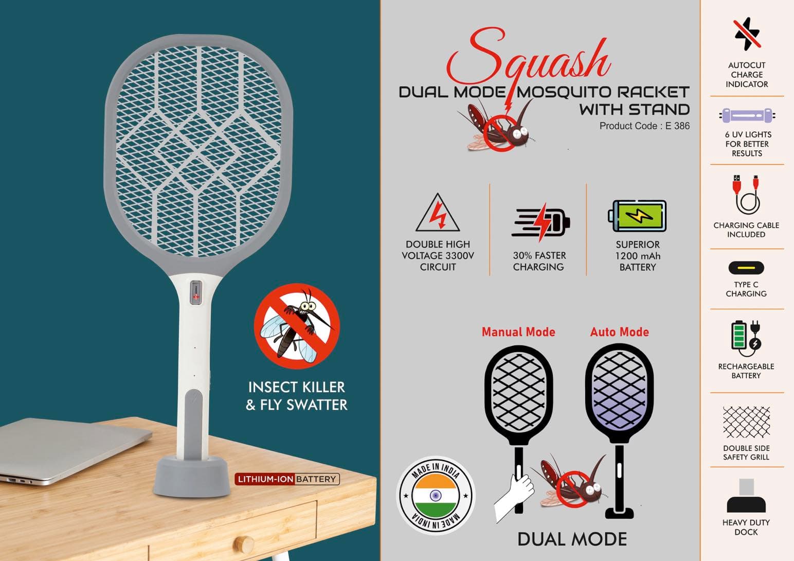 Squash: Dual Mode Mosquito racket with stand