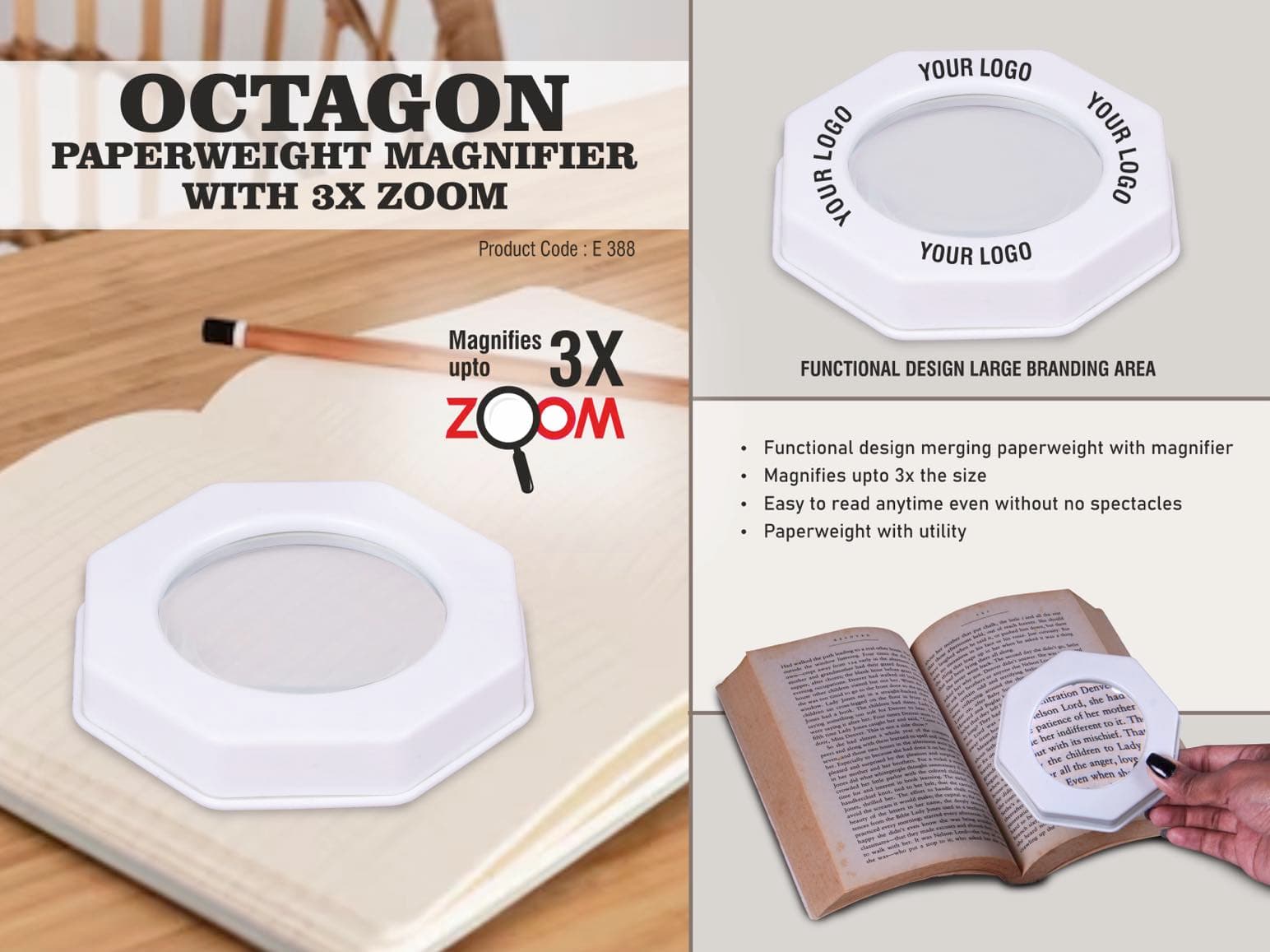 Octagon Paperweight magnifier with 3X Zoom
