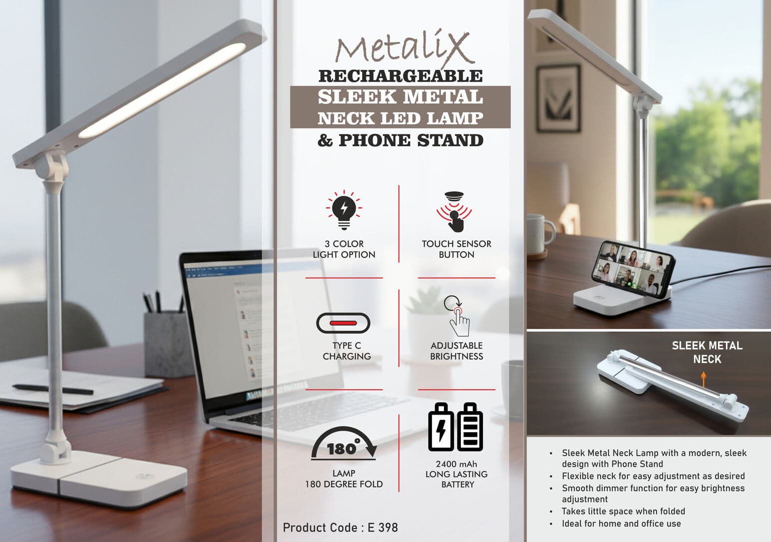 Metalix: Rechargeable Sleek metal neck LED lamp & Phone stand