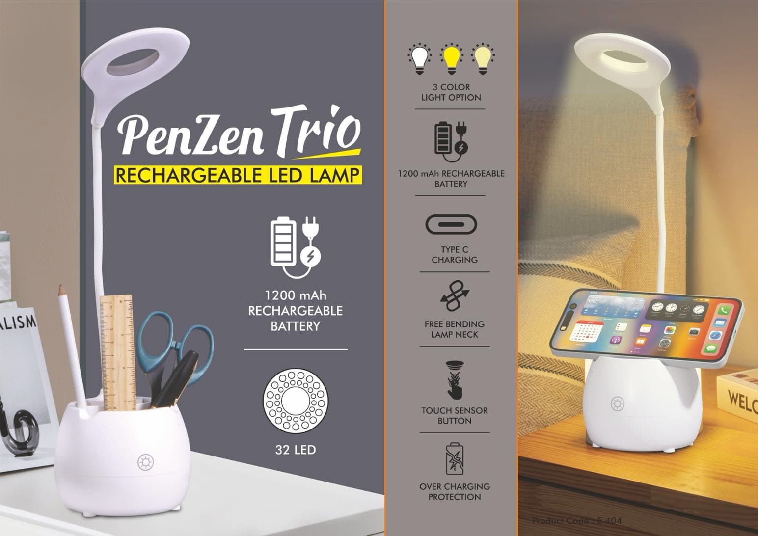 PenZen Trio: Rechargeable LED lamp with Pen stand tumbler and Phone stand