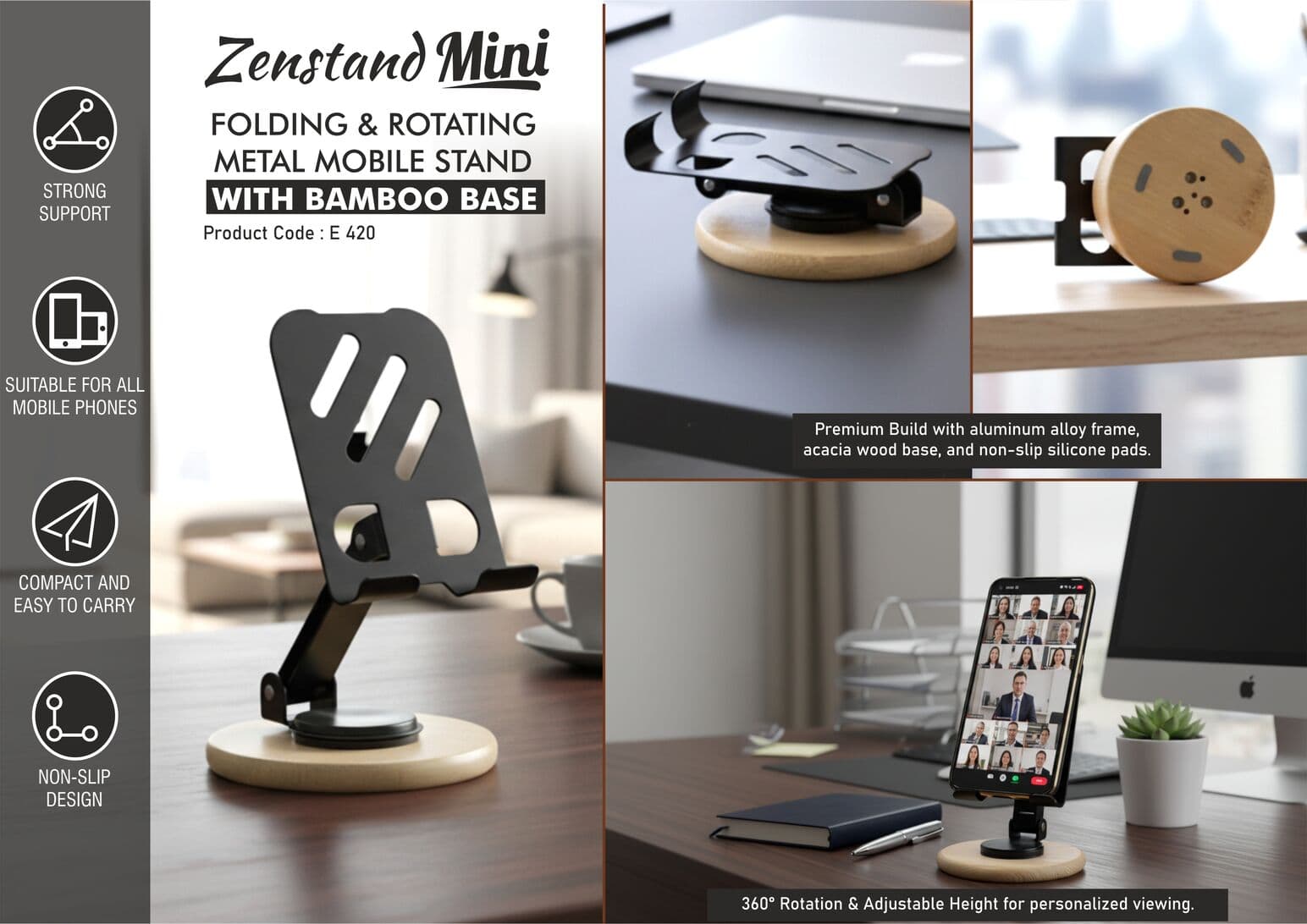 Zenstand Max (Small): Folding & Rotating Metal Mobile Stand with bamboo base