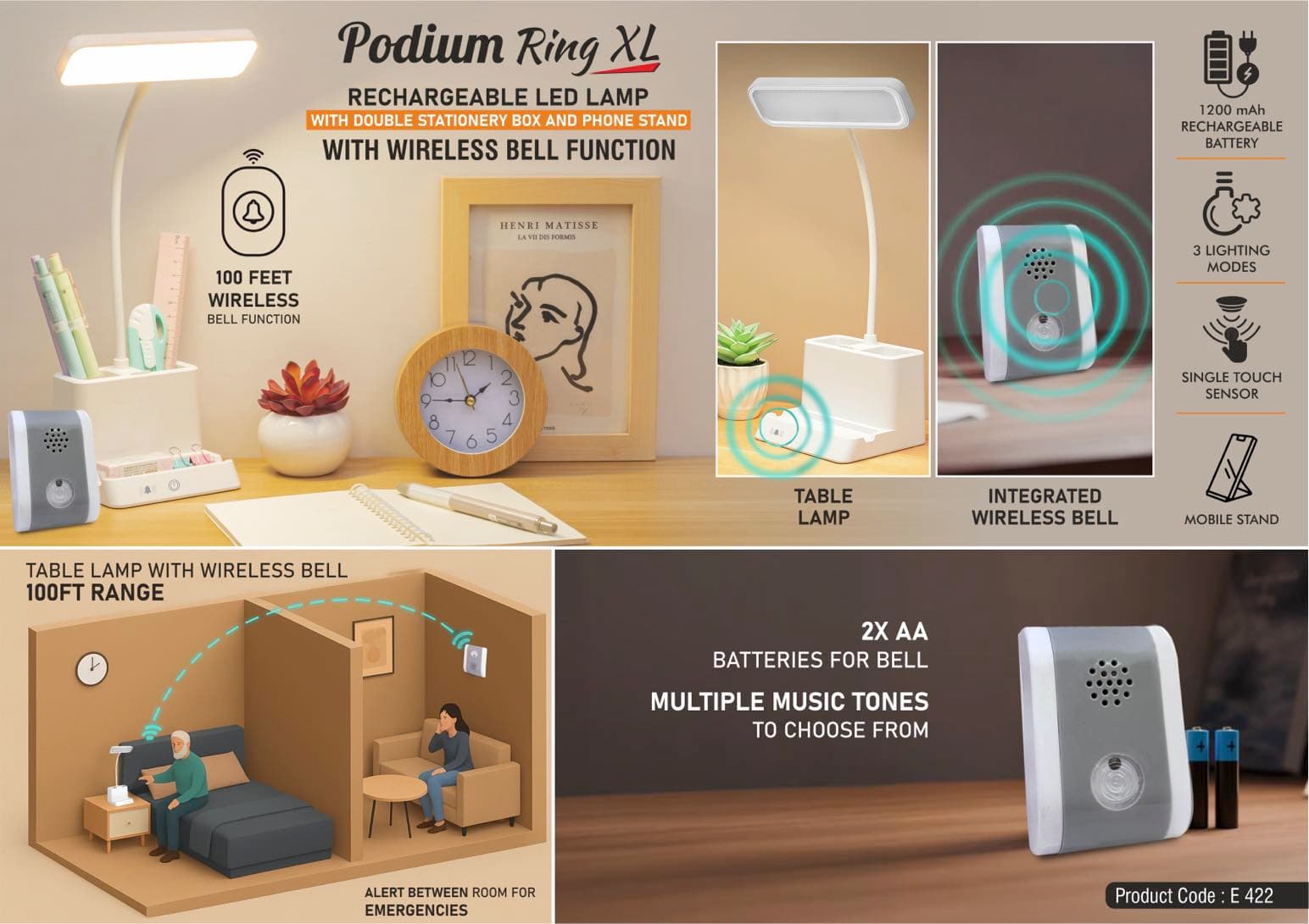 Podium Ring XL: Rechargeable LED lamp with Wireless Bell Function