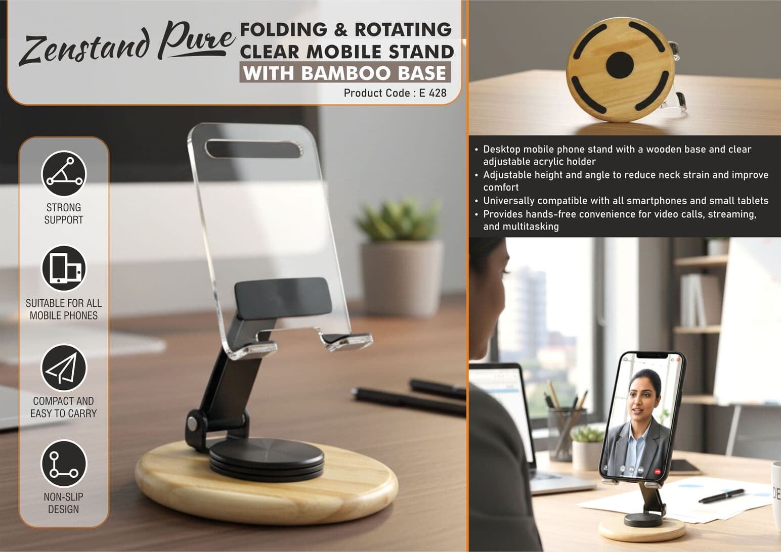 Zenstand Pure: Folding & Rotating Clear Mobile Stand with bamboo base