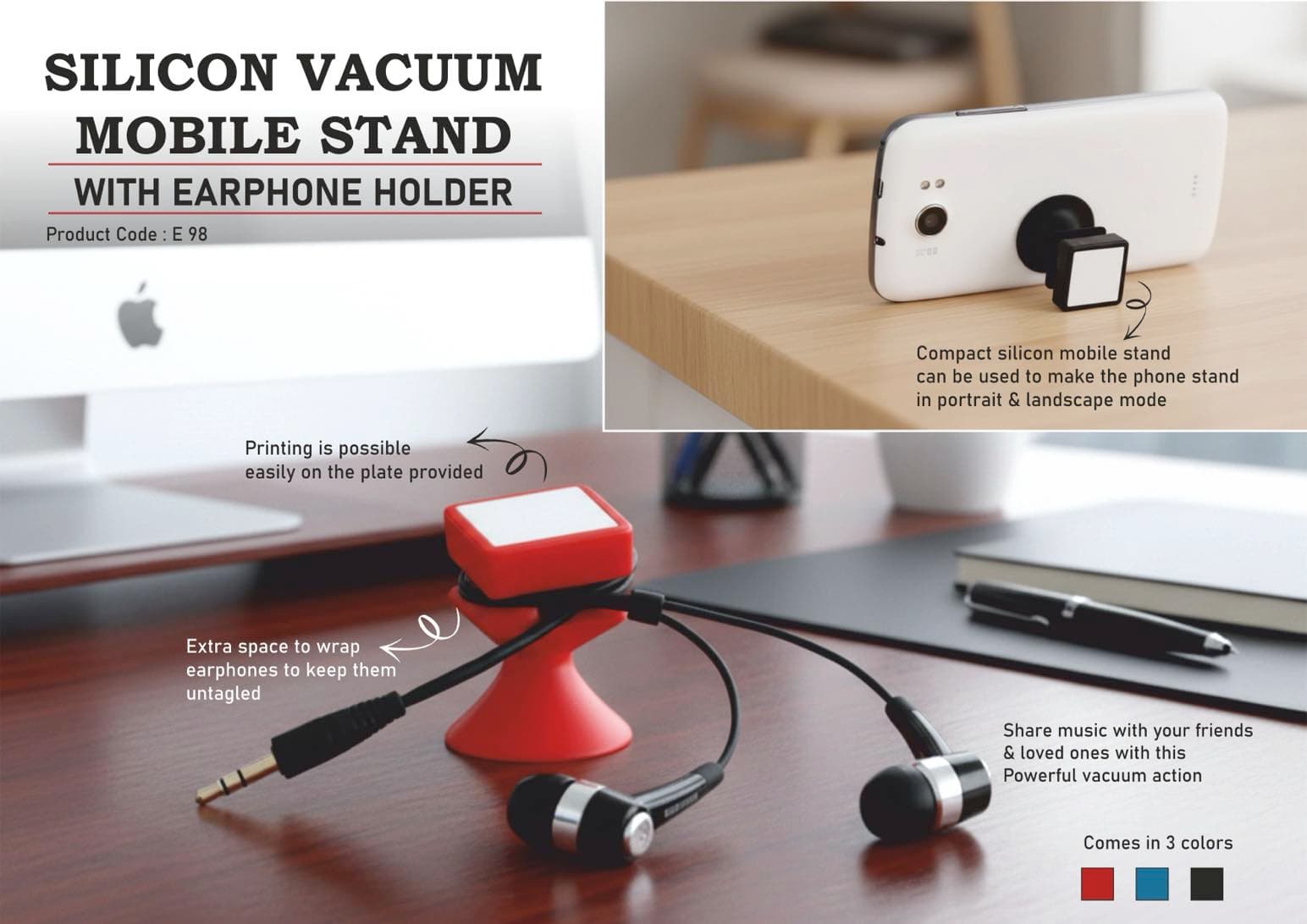 Silicon vacuum mobile stand with earphone holder