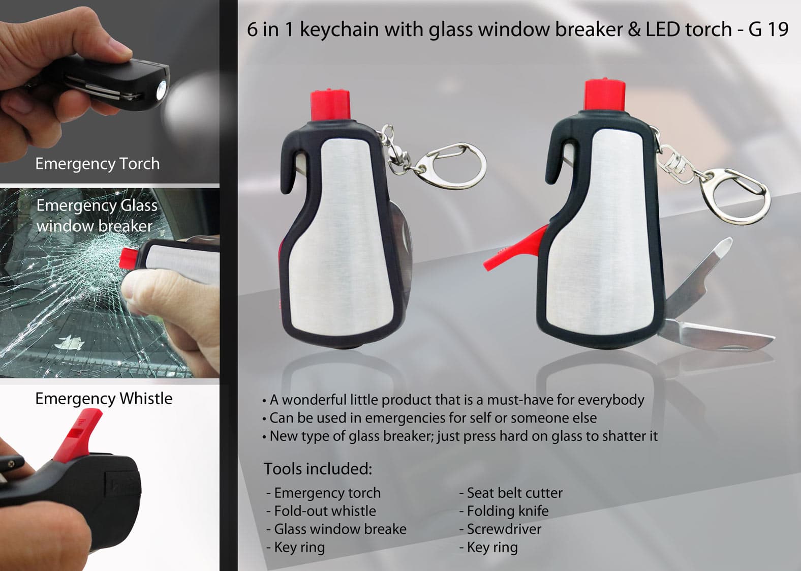 6 in 1 keychain with glass window breaker & LED torch