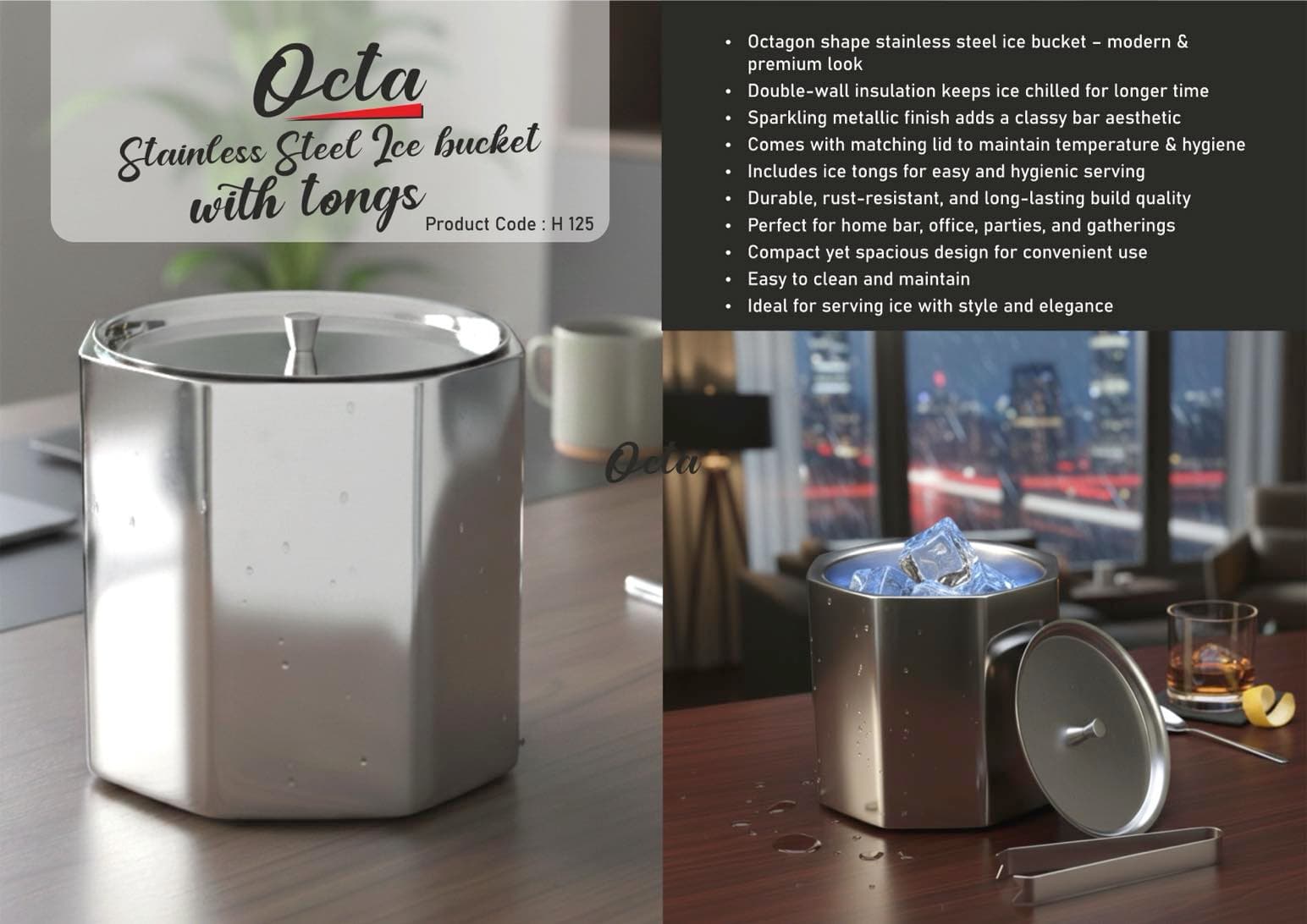 Octa SS Ice bucket with tongs