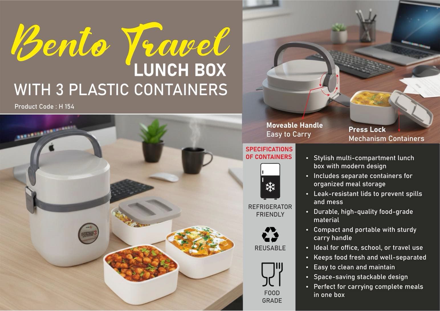 Bento Travel Lunch box with 3 plastic containers
