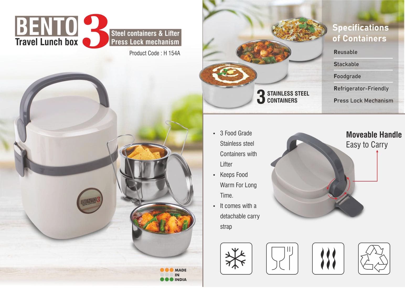 Bento Travel Lunch box with 3 Steel containers & Lifter