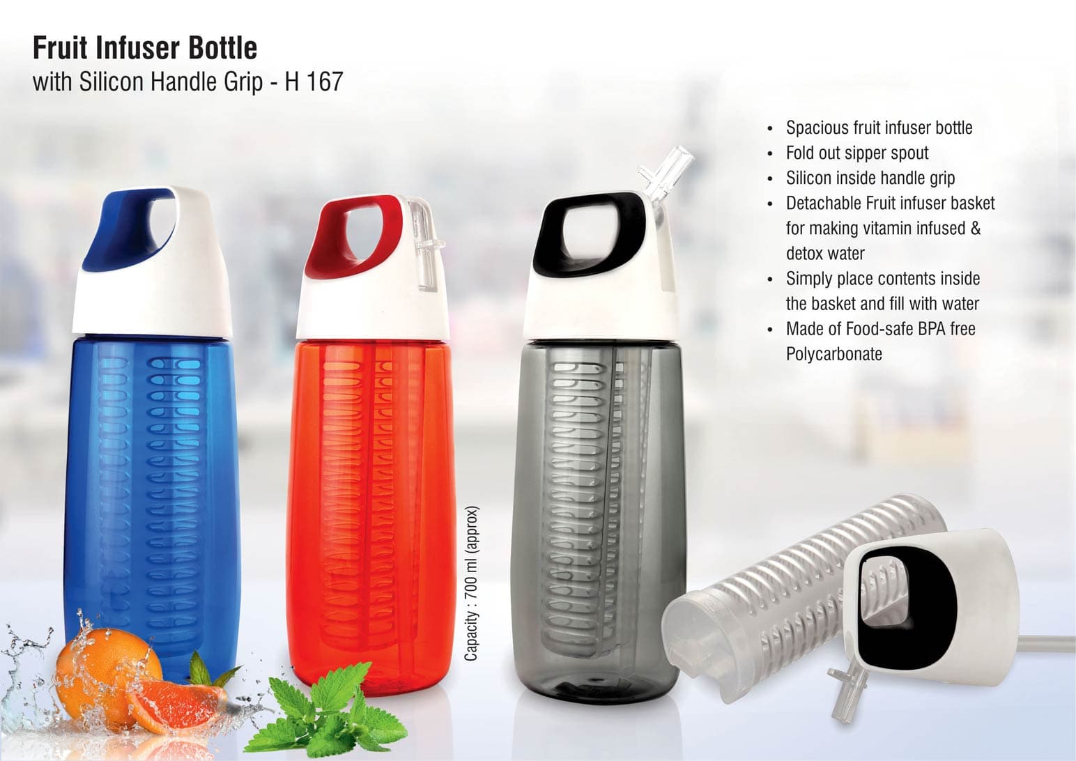 Fruit infuser water bottle with silicon handle grip (700ml approx)