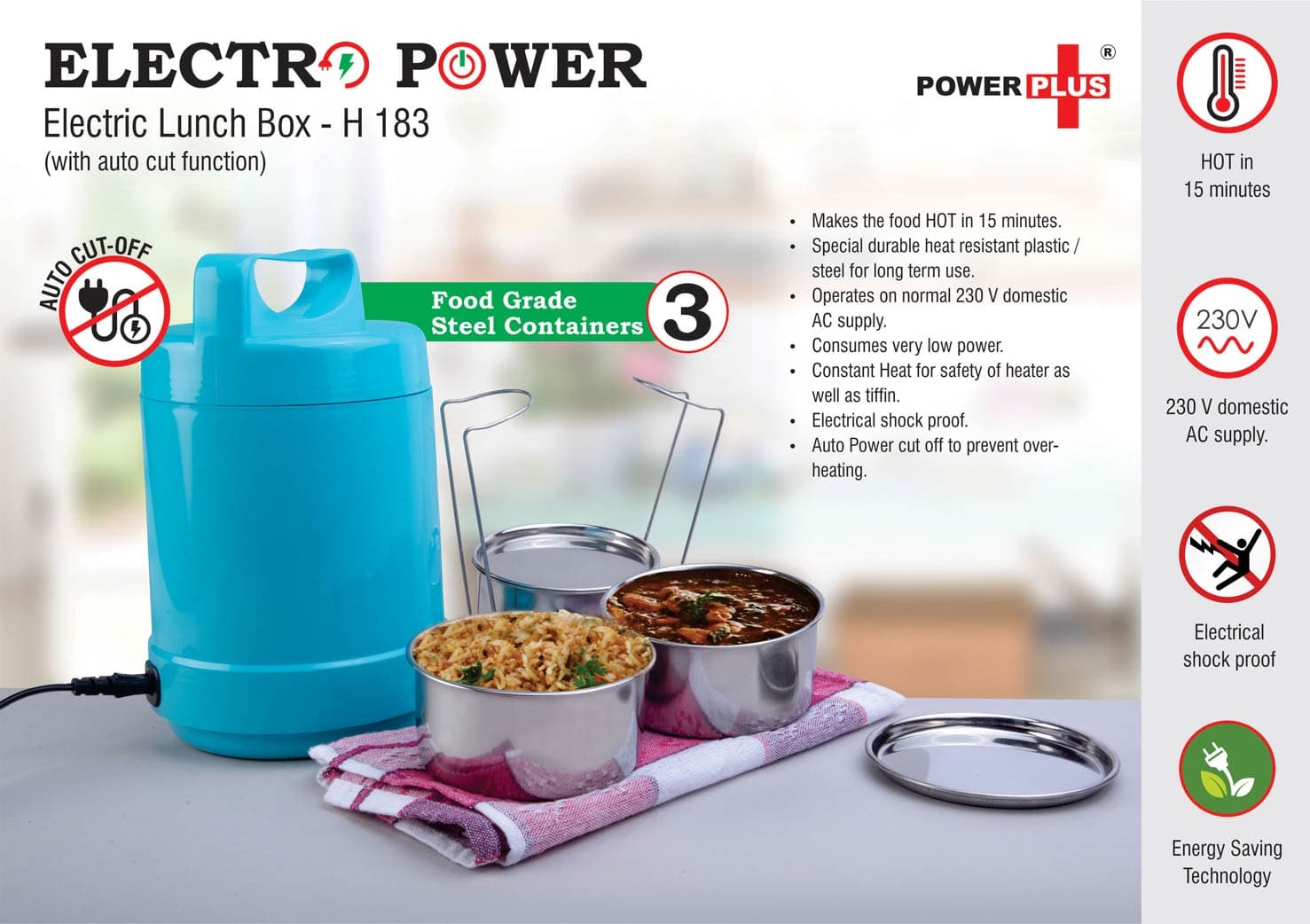 Electro Steel: 3 container electric steel lunch box with Auto cut function