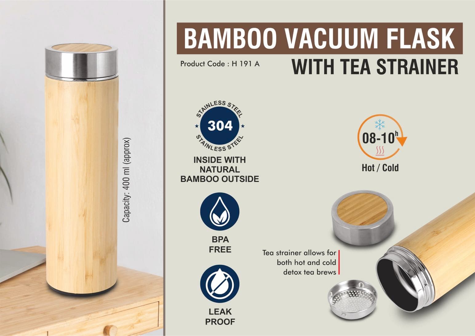 Stainless steel Bamboo Vacuum flask with Tea Strainer