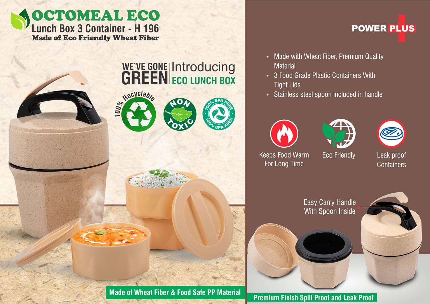 Octomeal Eco: 3 Plastic container lunch box with spoon