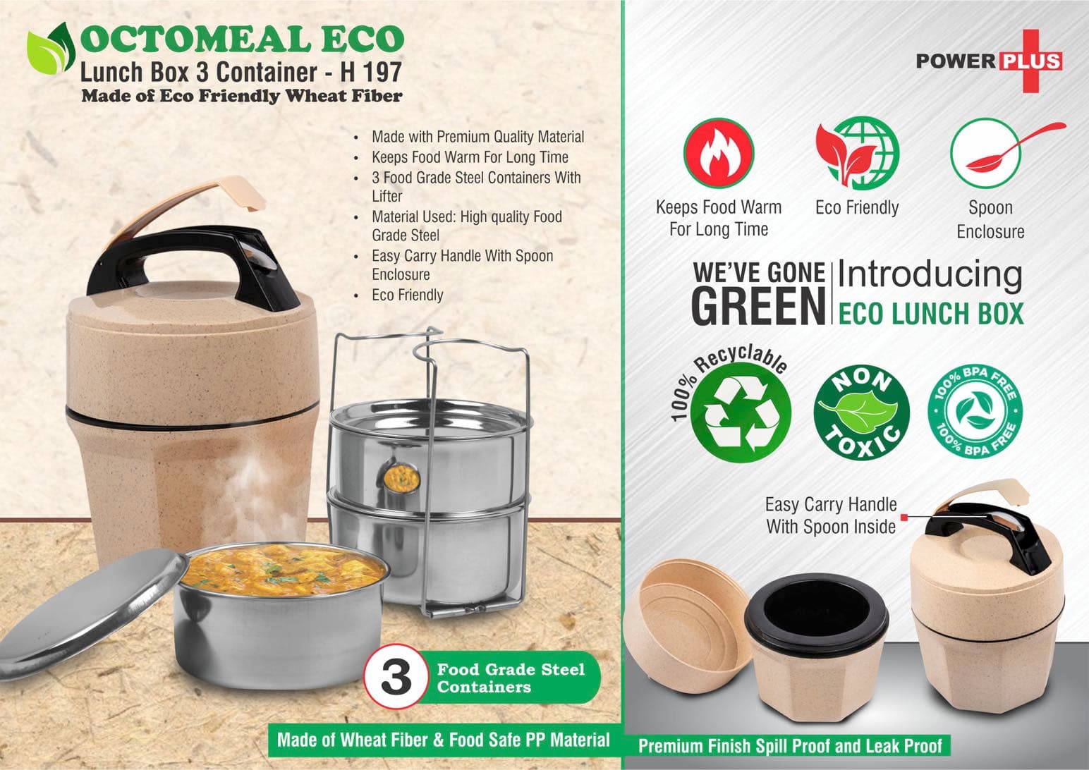 Octomeal Eco: 3 Steel container lunch box with spoon