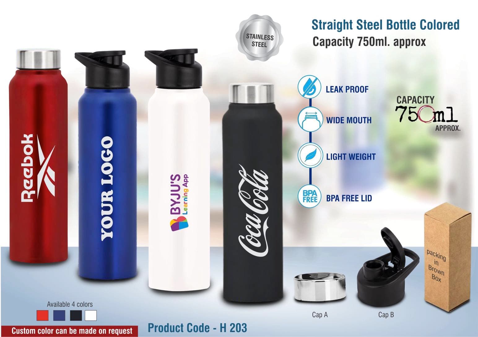 Straight steel single wall bottle Colored